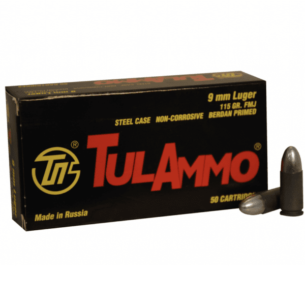 Tula Ammo 9mm 115 Grain FMJ (Bi-Metal) Steel Case Berdan Primed (50)